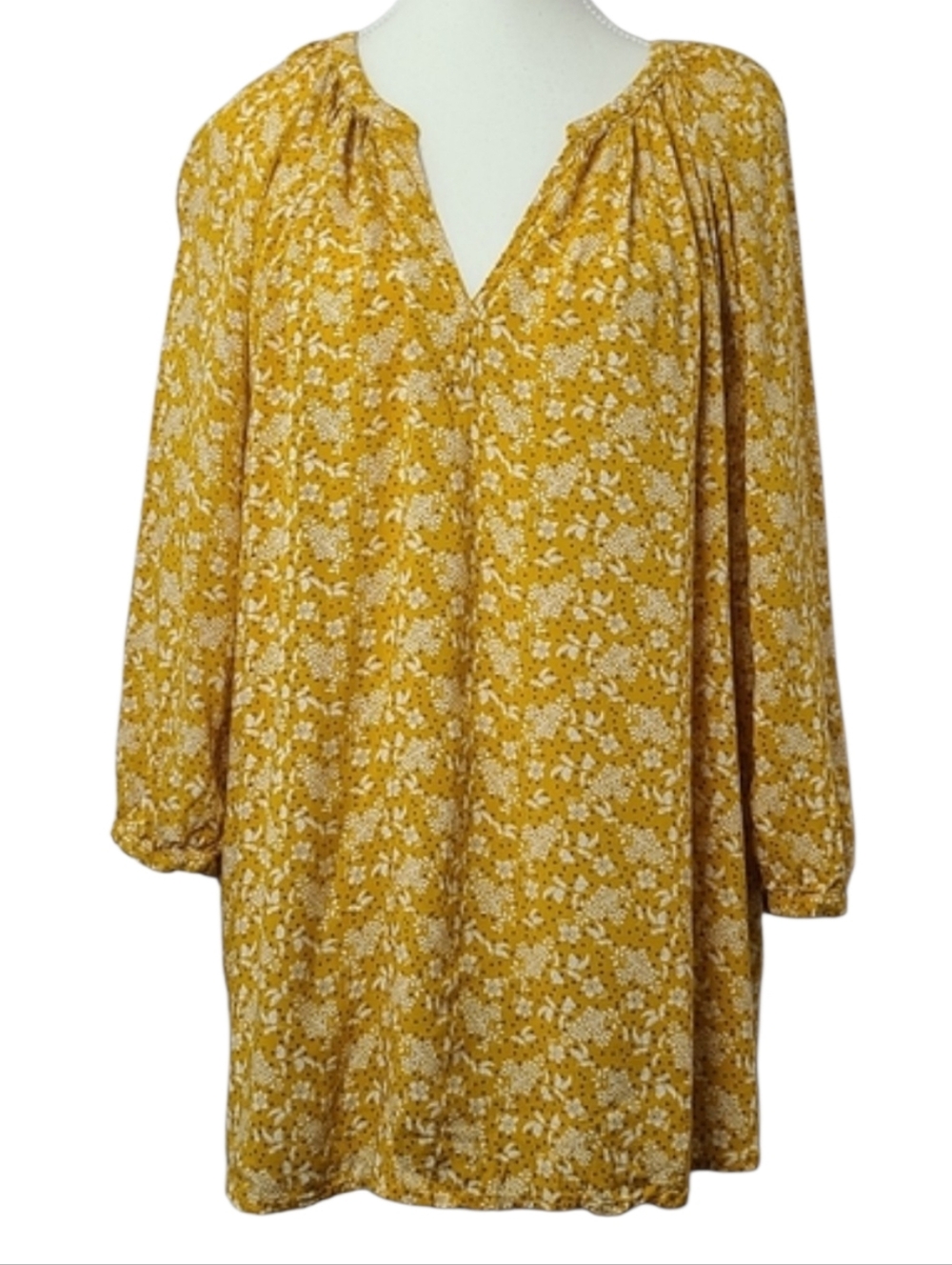 Cynthia Rowley Yellow Floral Blouse 2X Ditsy Print V Neck 3/4 Sleeve Cottagecore